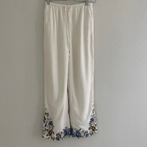 Abercrombie & Fitch Wide Leg Pants Women XXS Cream Linen Floral Embroidered Lace